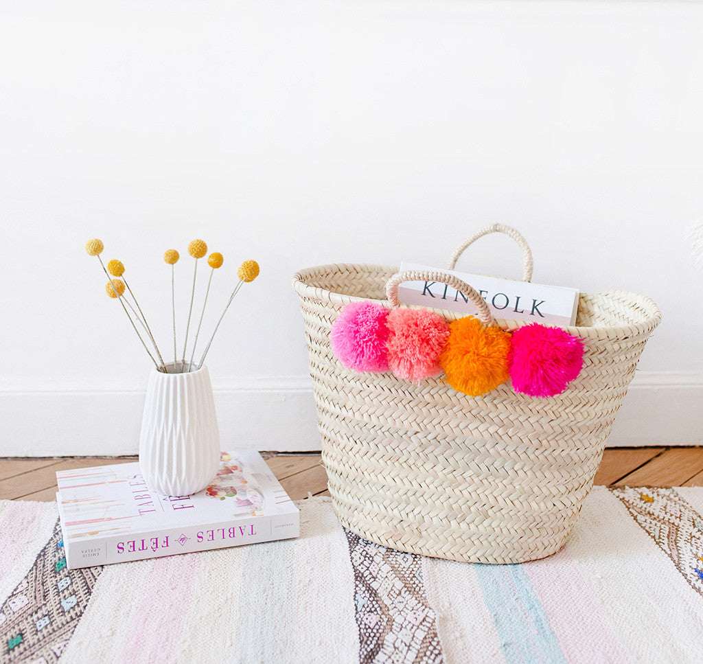 Colorful Pom Pom Straw Basket