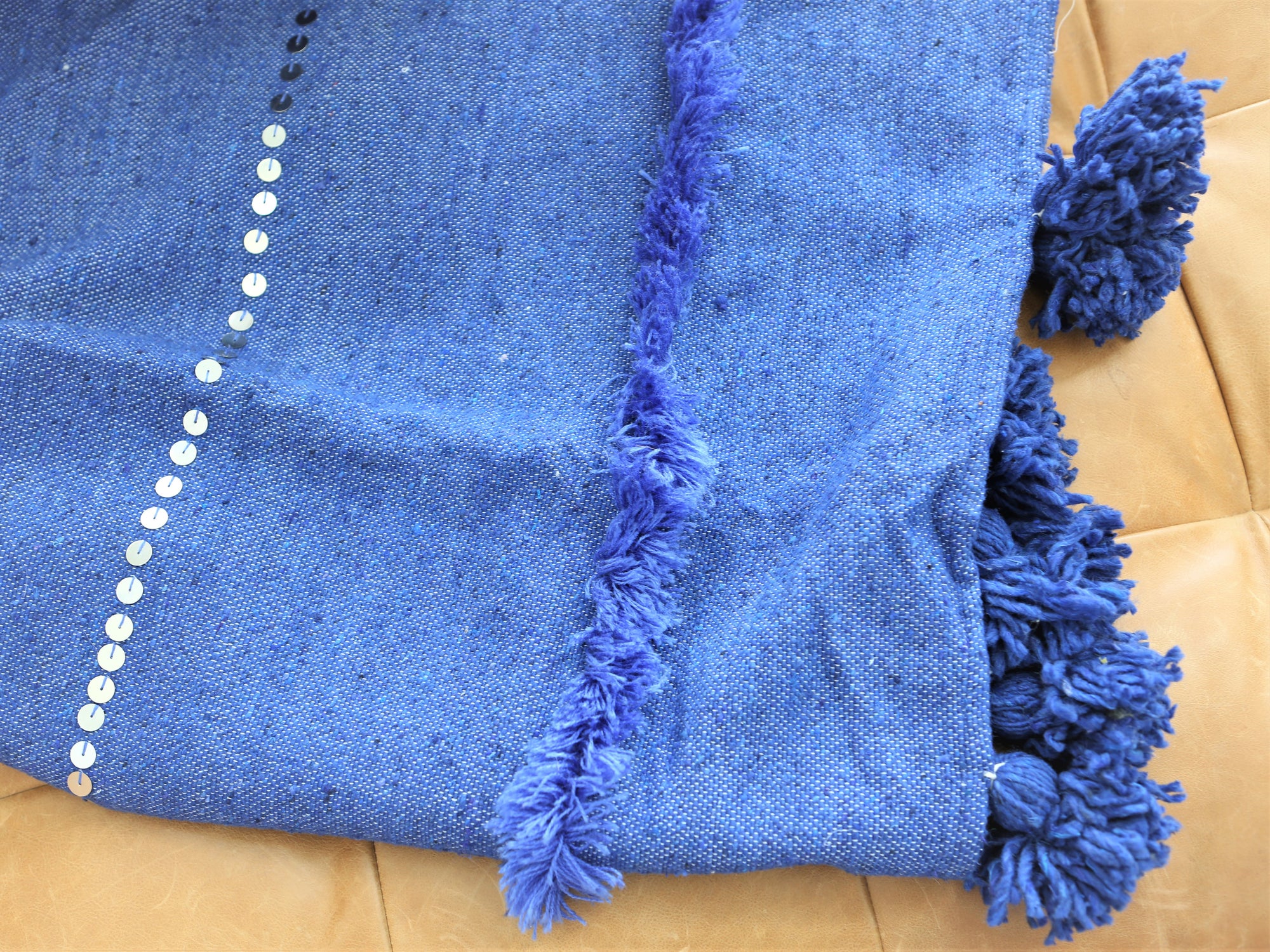 Blue Cotton Sequin Pom Pom Blanket