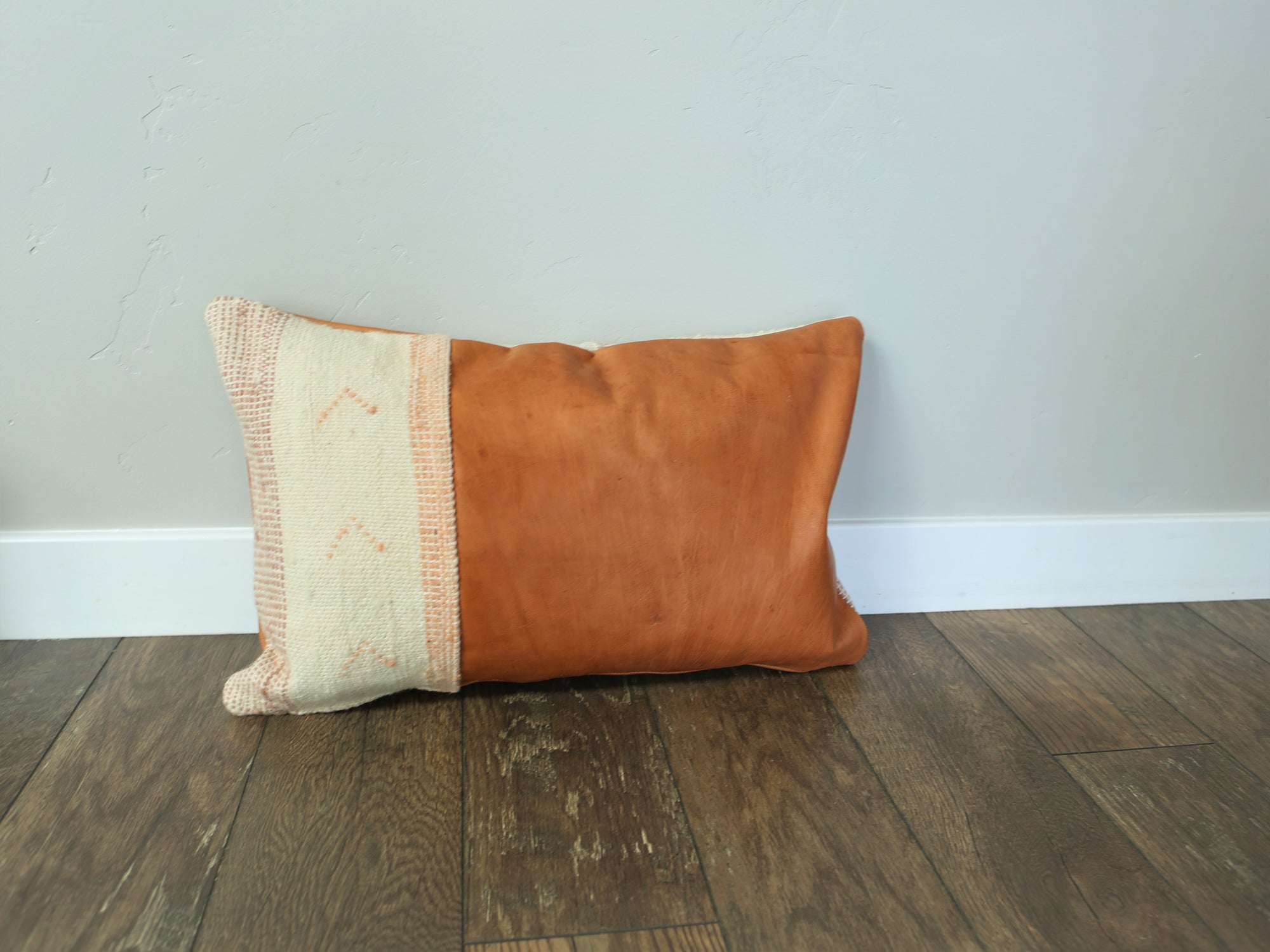 Cognac Leather Wool Patterned Lumbar Pillow