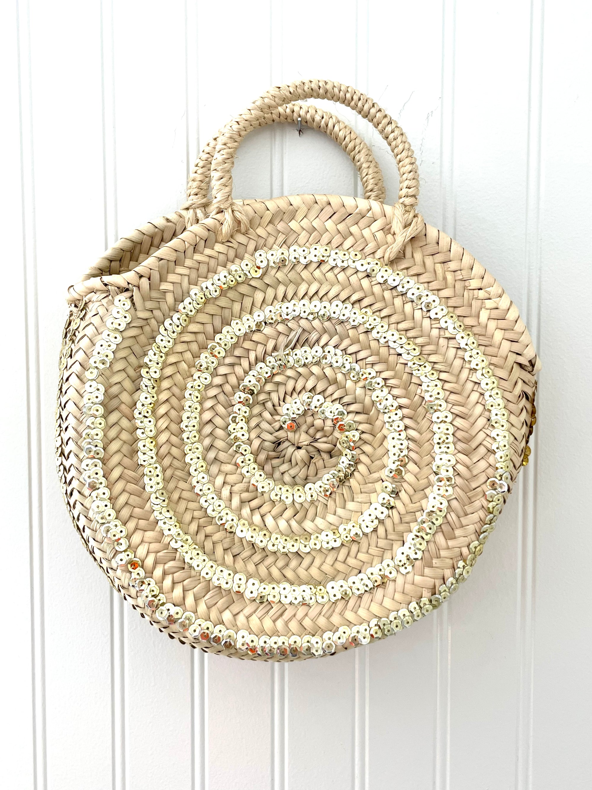 Round Sequin Straw Bag